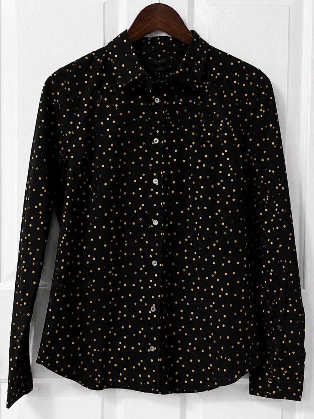J. Crew Women’s Black Button-Down Shirt with Gold Polka Dots - Size 8 - NWT